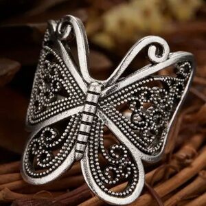Intricate Silver Plated Titanium Adjustable Filigree Butterfly Ring NWT